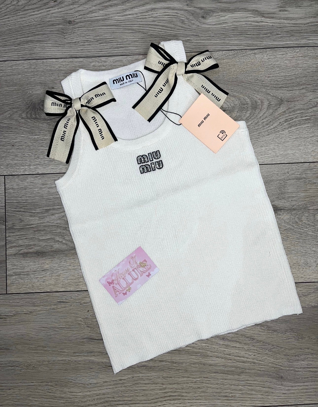 White M Bow Ribbed Vest Top (PRE ORDER)