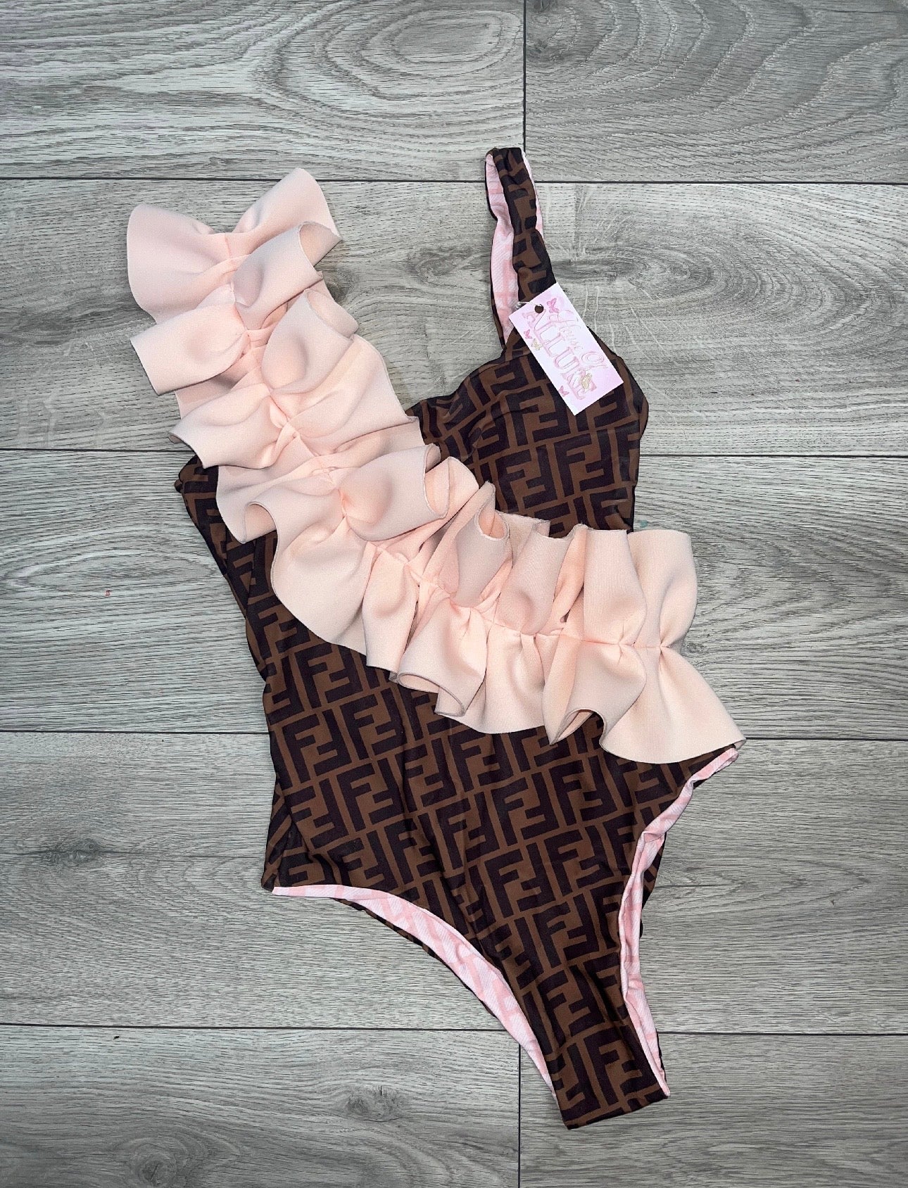 Pink and Brown Ruffle FF Swimsuit (PRE ORDER)
