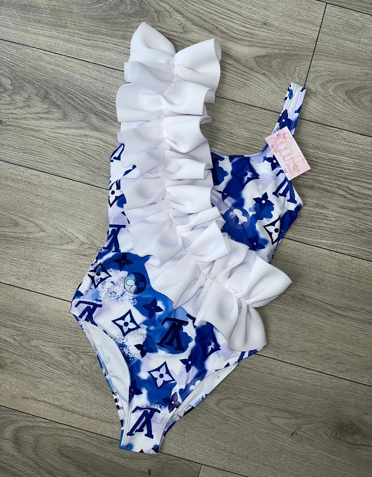 Blue and White Ruffle Swimsuit (PRE ORDER)